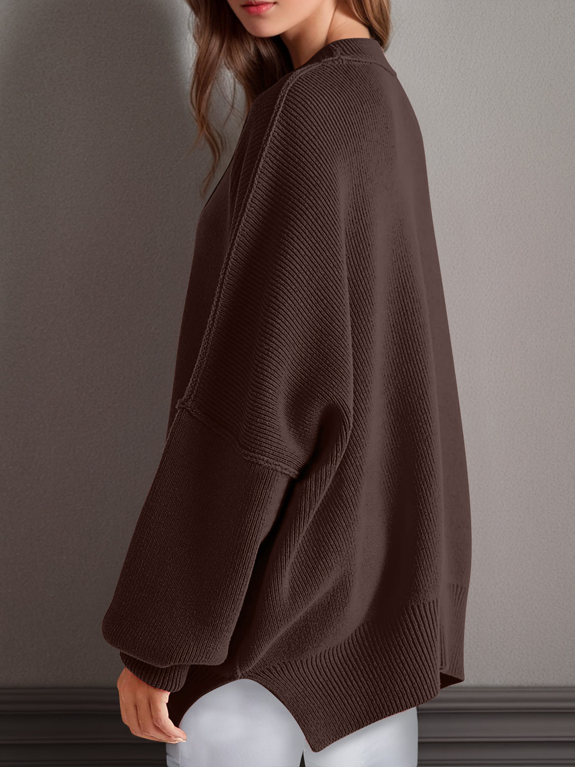 Double Take Side Slit Round Neck Long Sleeve Sweater - ClassiQ