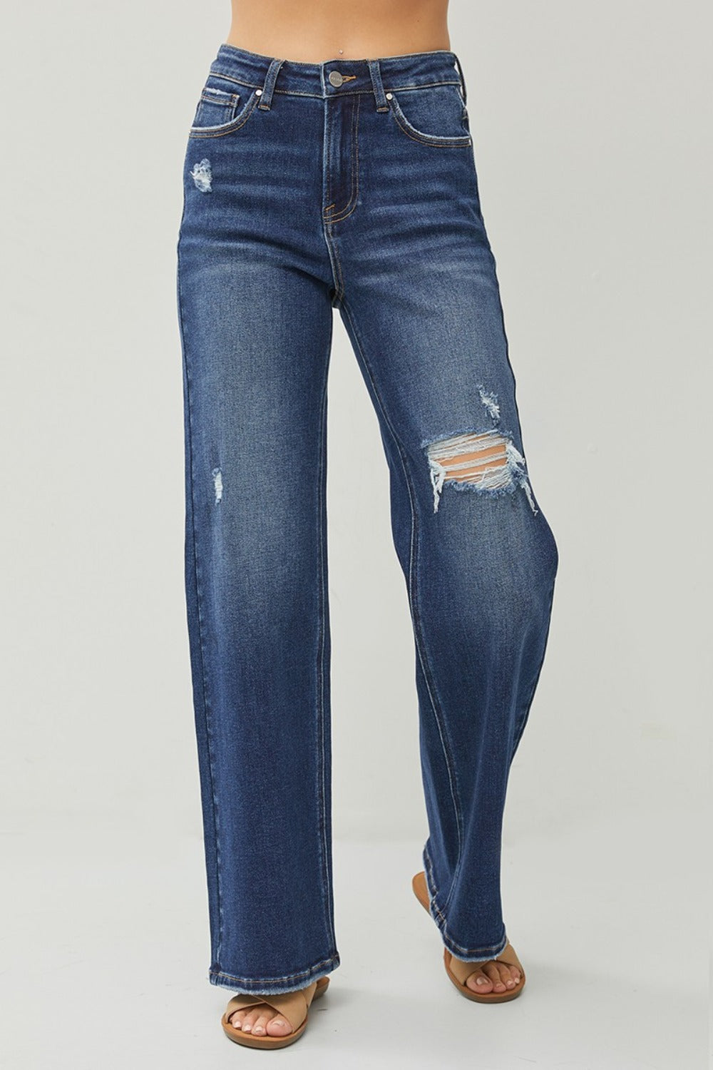 RISEN Full Size High Rise Distressed Wide Leg Jeans - Classique Collection