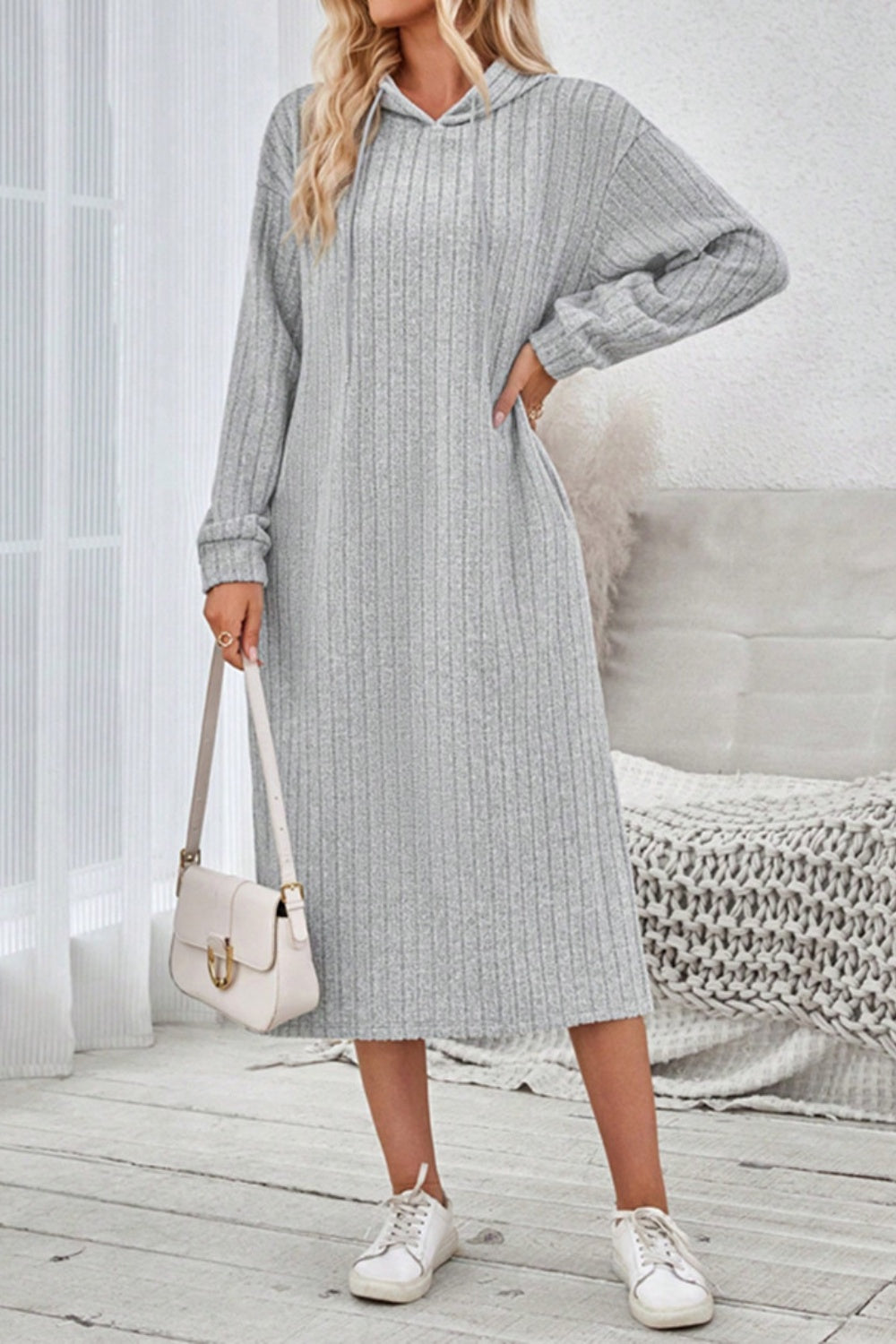 Side Slit Drawstring Long Sleeve Hooded Dress - Classique Collection