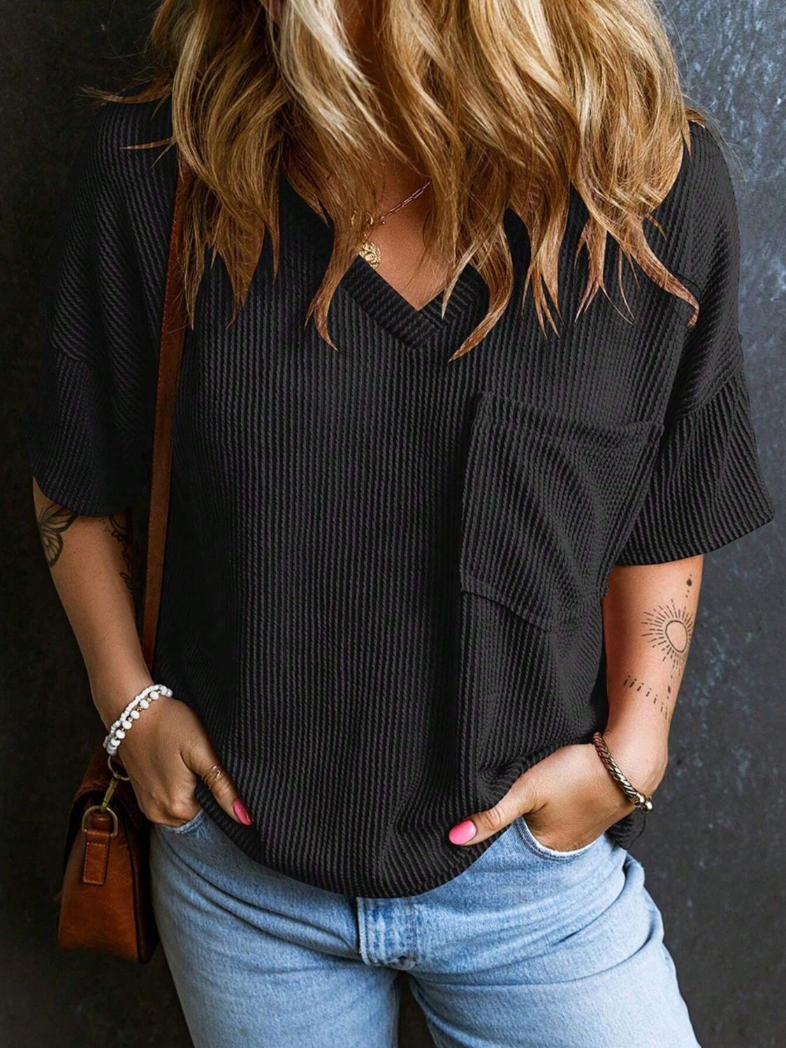 Textured V-Neck Half Sleeve T-Shirt - Classique Collection