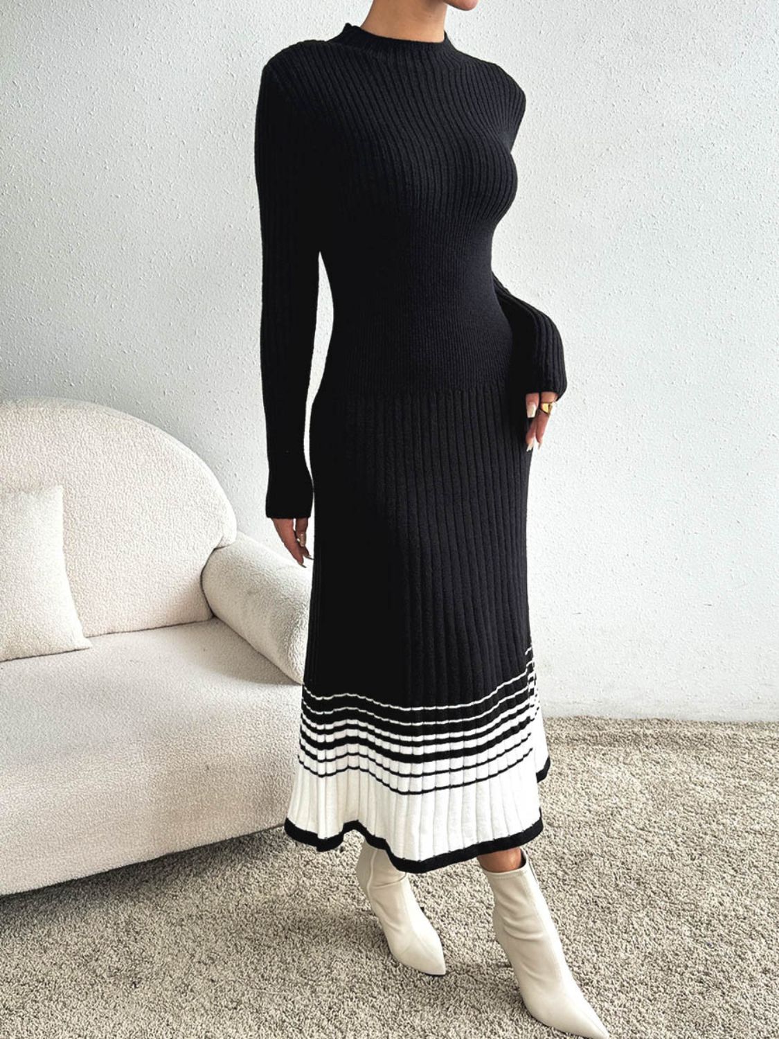 Contrast Mock Neck Long Sleeve Sweater Dress - Classique Collection