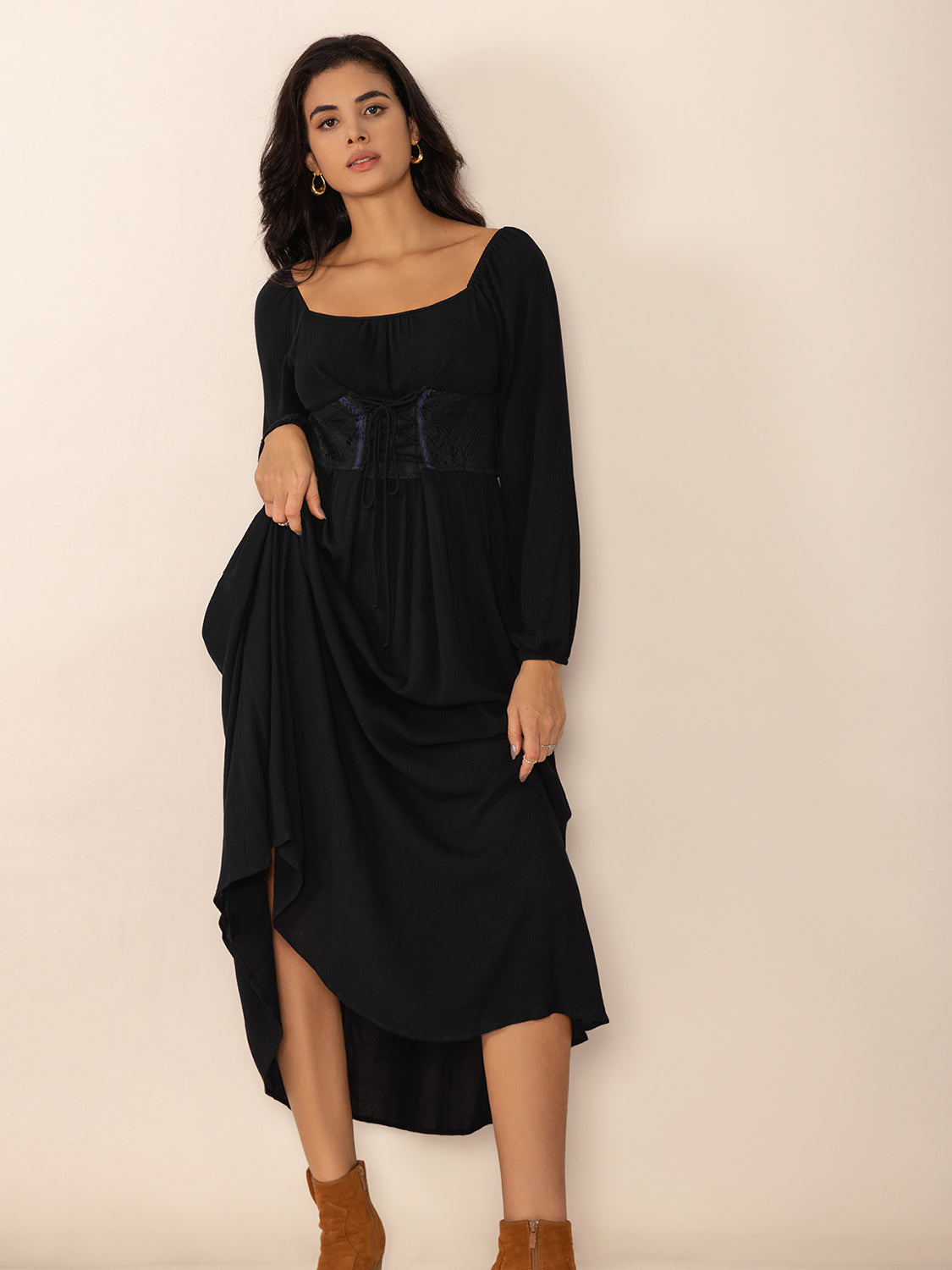 Lace-Up Square Neck Long Sleeve Midi Dress - Classique Collection
