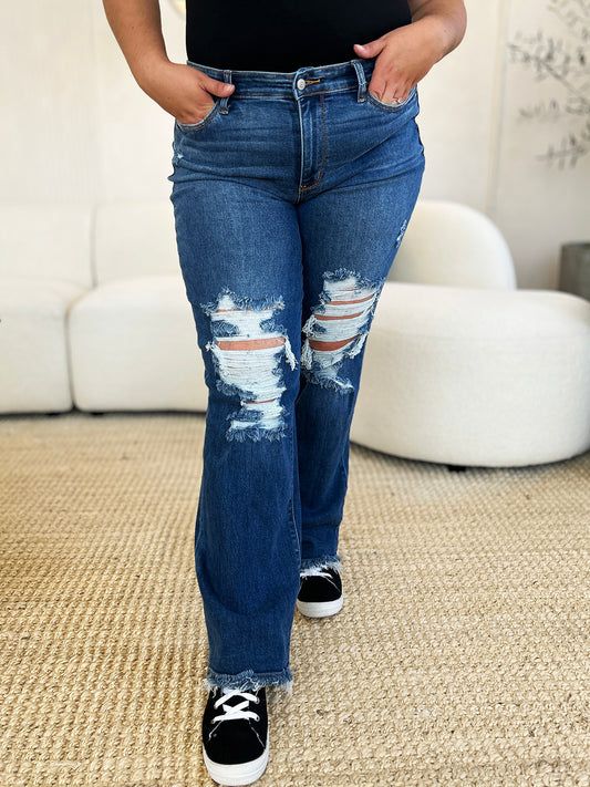 Judy Blue Full Size Mid Rise Distressed Raw Hem Jeans - Classique Collection