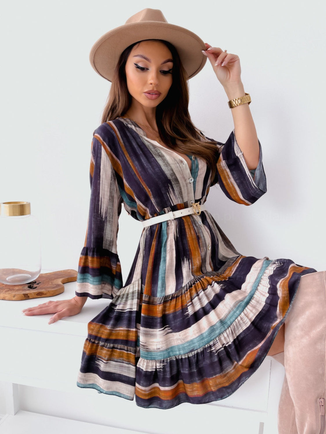 Buttoned Striped Long Sleeve Mini Dress - Classique Collection