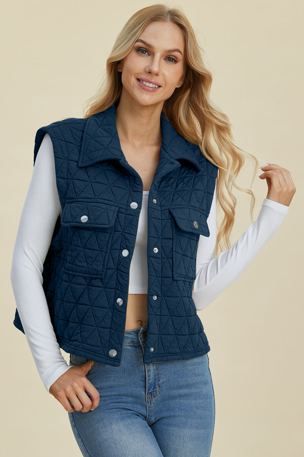 Double Take Full Size Pocketed Texture Snap Down Vest Coat - Classique Collection