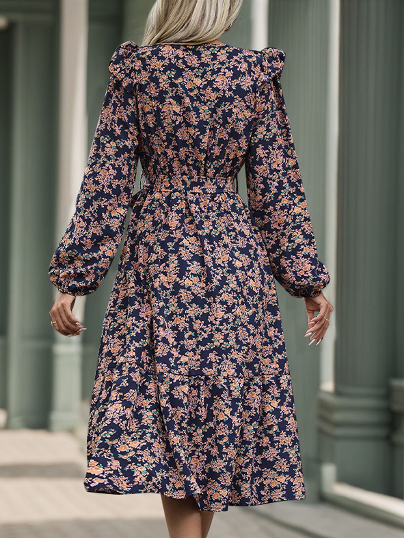 Perfee Printed Surplice Long Sleeve Midi Dress - Classique Collection