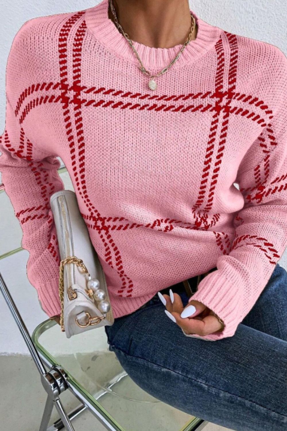Contrast Round Neck Long Sleeve Sweater - ClassiQ