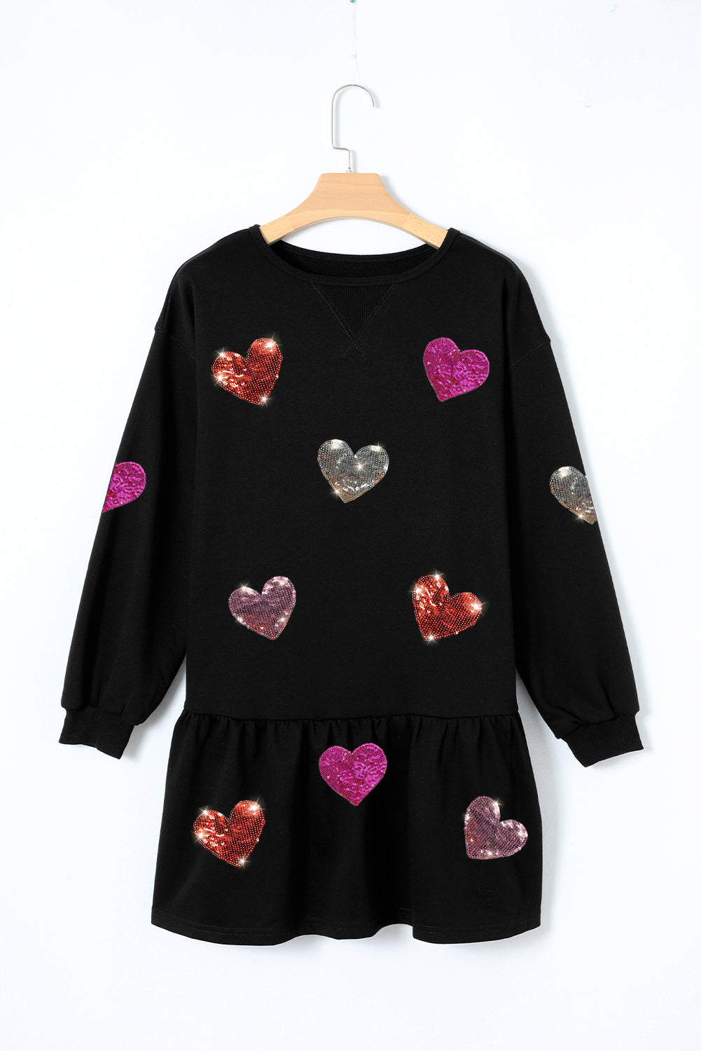 Sequin Heart Round Neck Long Sleeve Mini Dress - Classique Collection