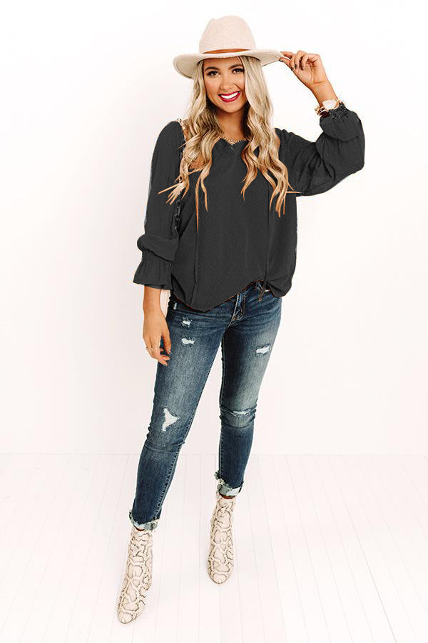 Swiss Dot Tie Neck Flounce Sleeve Blouse - ClassiQ