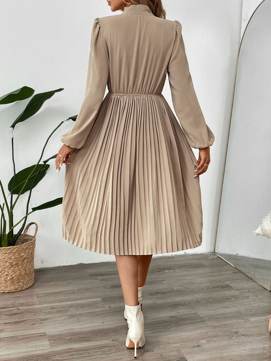 Perfee Pleated Tie Neck Long Sleeve Dress - Classique Collection