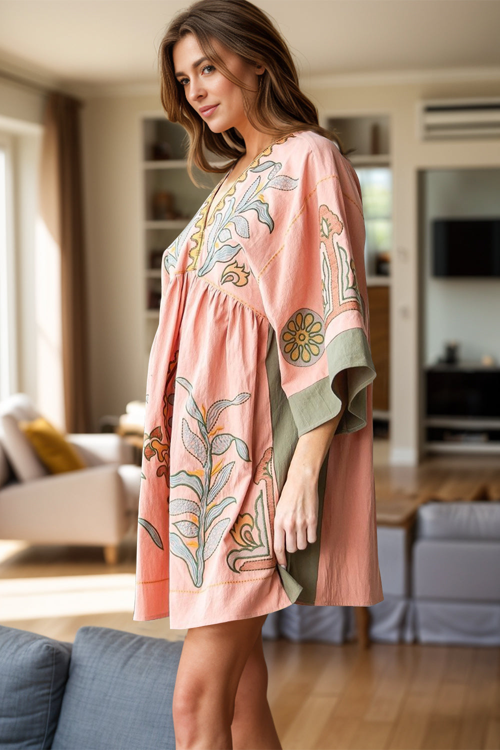 Printed V-Neck Three-Quarter Sleeve Mini Dress - Classique Collection