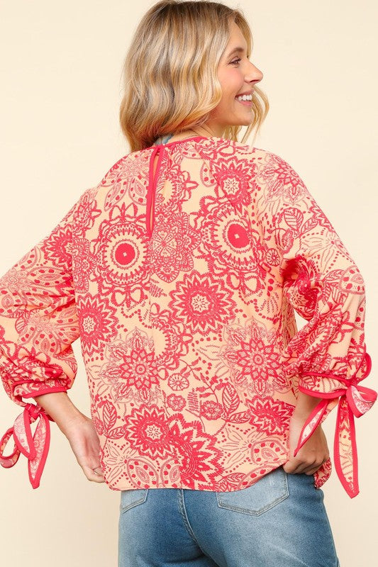 Haptics Ribbon Bow Detail Floral Round Neck Blouse - Classique Collection