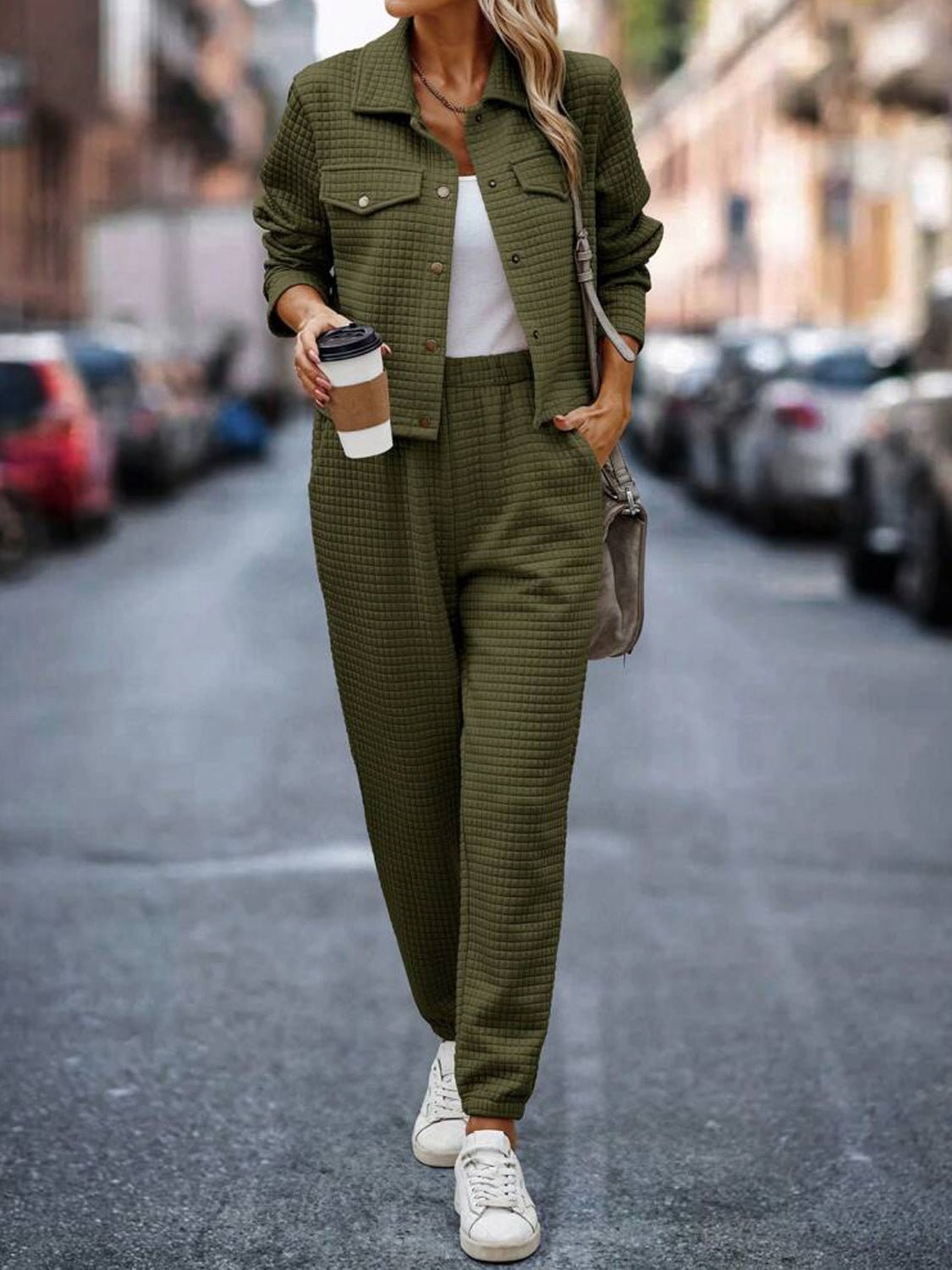 Plaid Texture Snap Down Top and Pants Set - ClassiQ