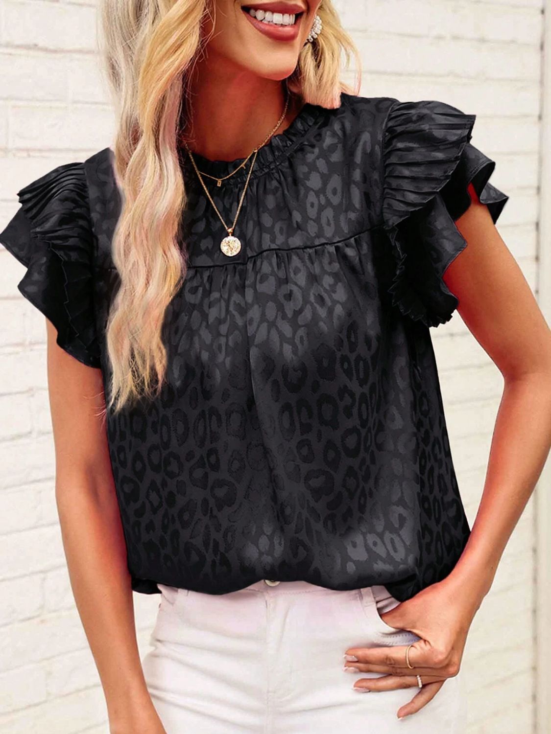 Leopard Frill Mock Neck Ruffled Cap Sleeve Top - Classique Collection