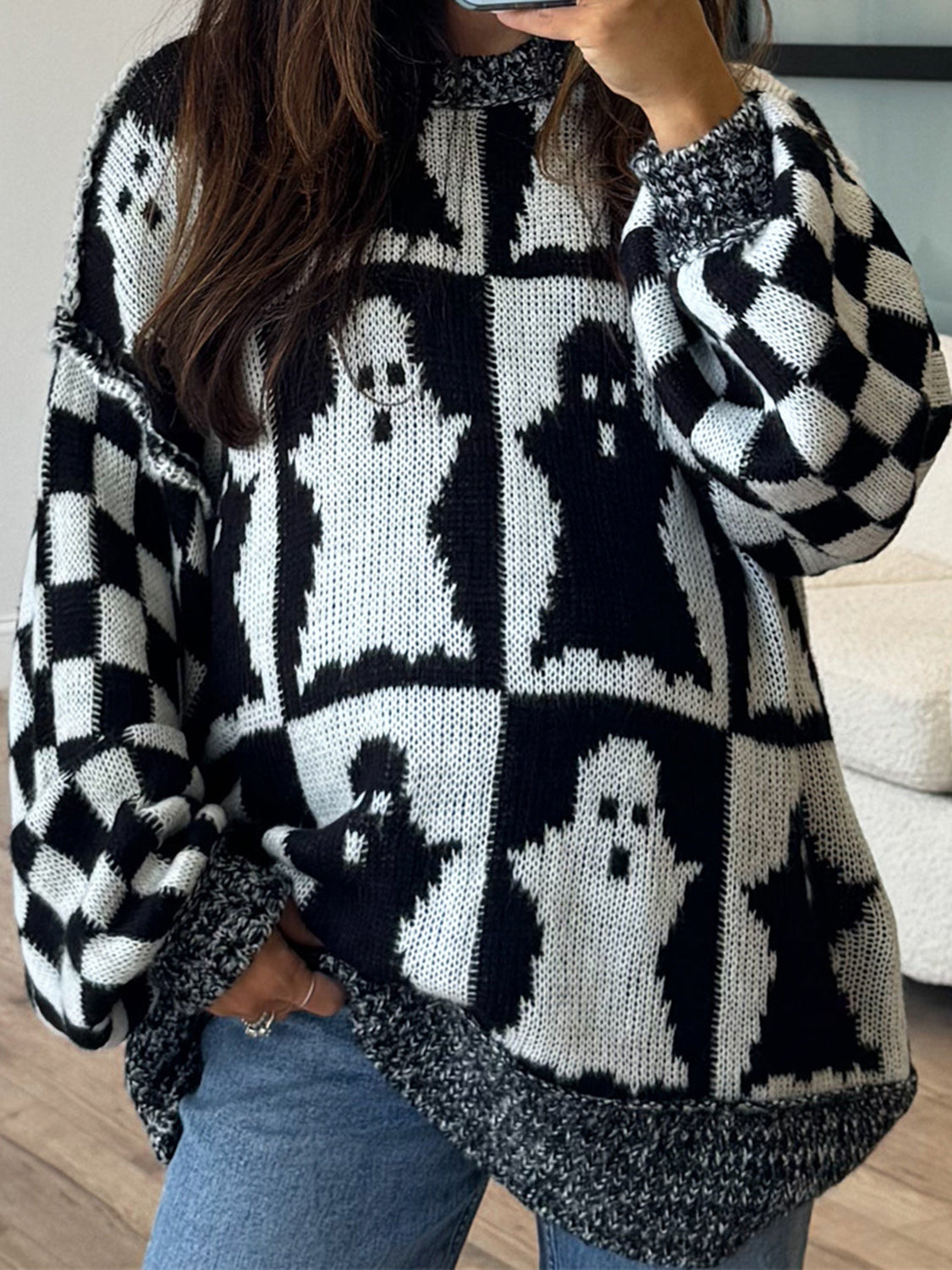 Ghost Dropped Shoulder Long Sleeve Sweater - ClassiQ