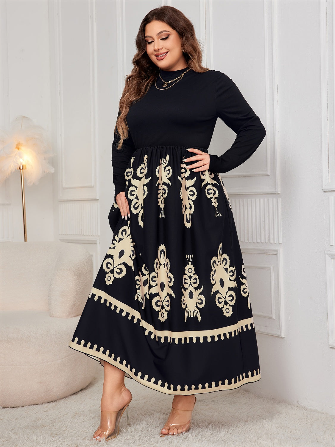 Honey Plus Size Printed Mock Neck Long Sleeve Dress - Classique Collection