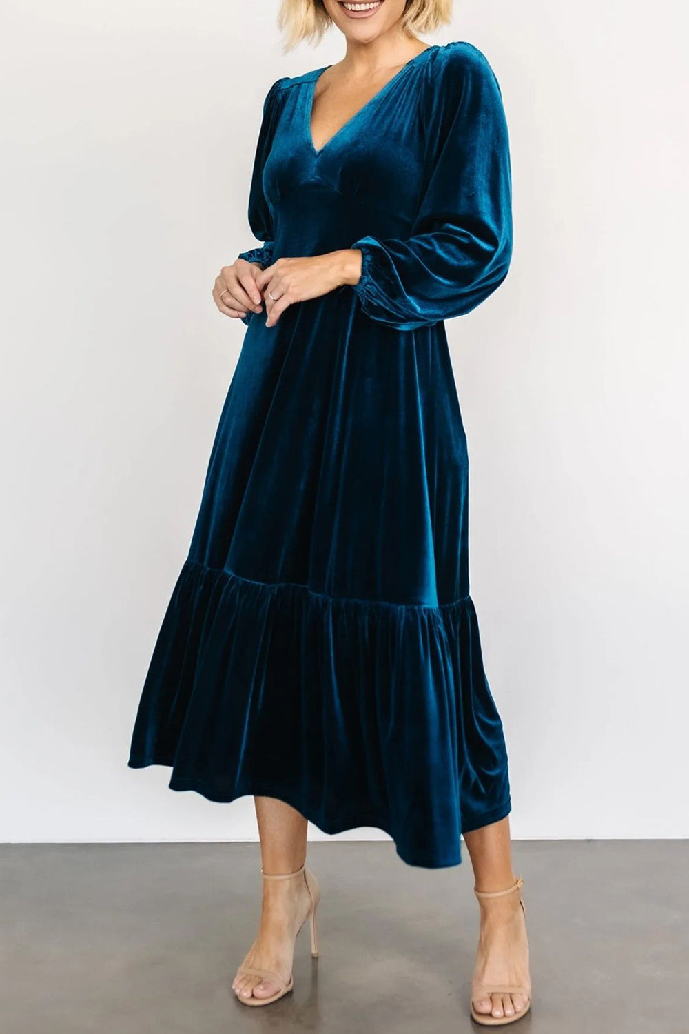 V-Neck Long Sleeve Midi Velvet Dress - Classique Collection