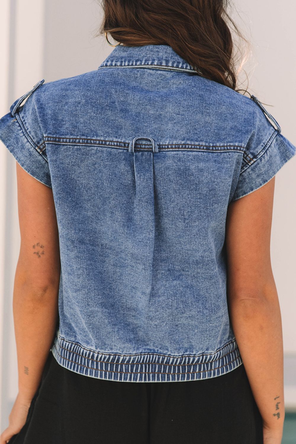 Button Up Cap Sleeve Denim Jacket - ClassiQ