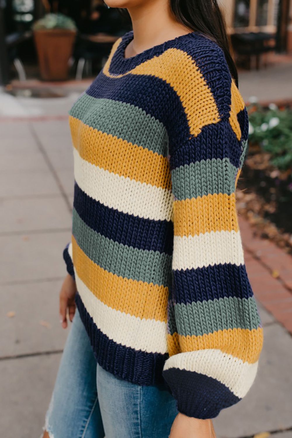Color Block Round Neck Dropped Shoulder Sweater - ClassiQ
