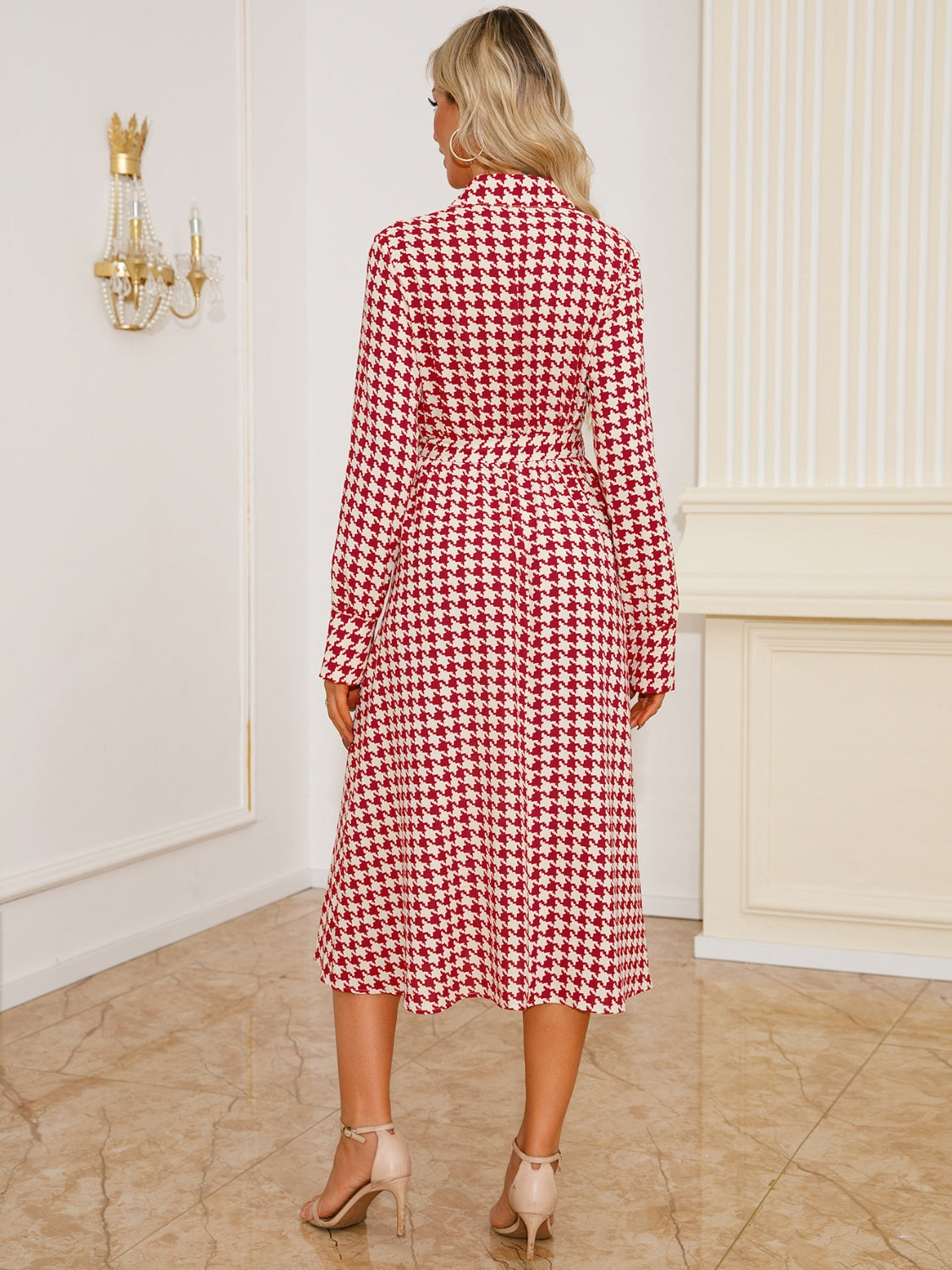Tied Houndstooth Long Sleeve Midi Dress - Classique Collection