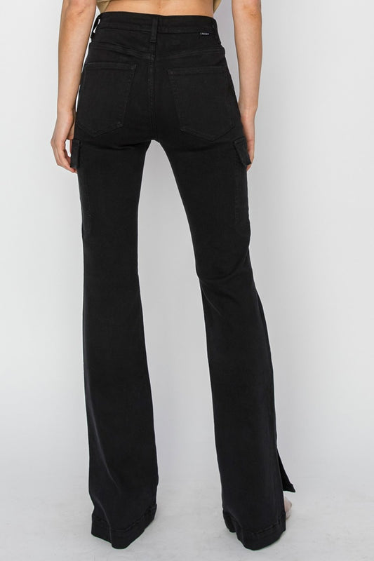 RISEN Full Size High Rise Side Slit Cargo Bootcut Jeans - Classique Collection