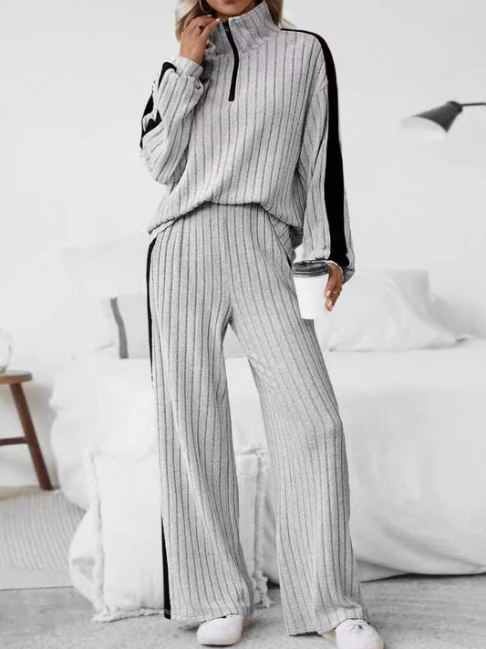 Plus Size Half Zip Long Sleeve Top and Pants Set - ClassiQ