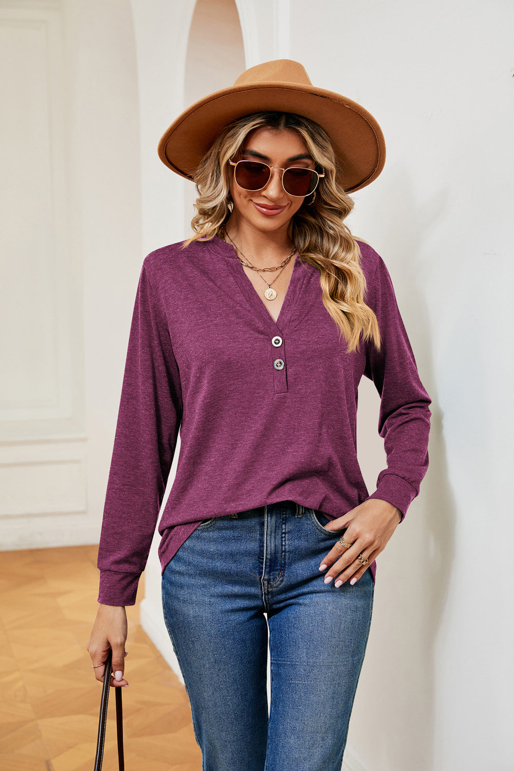 Buttoned Notched Neck Long Sleeve Top - Classique Collection