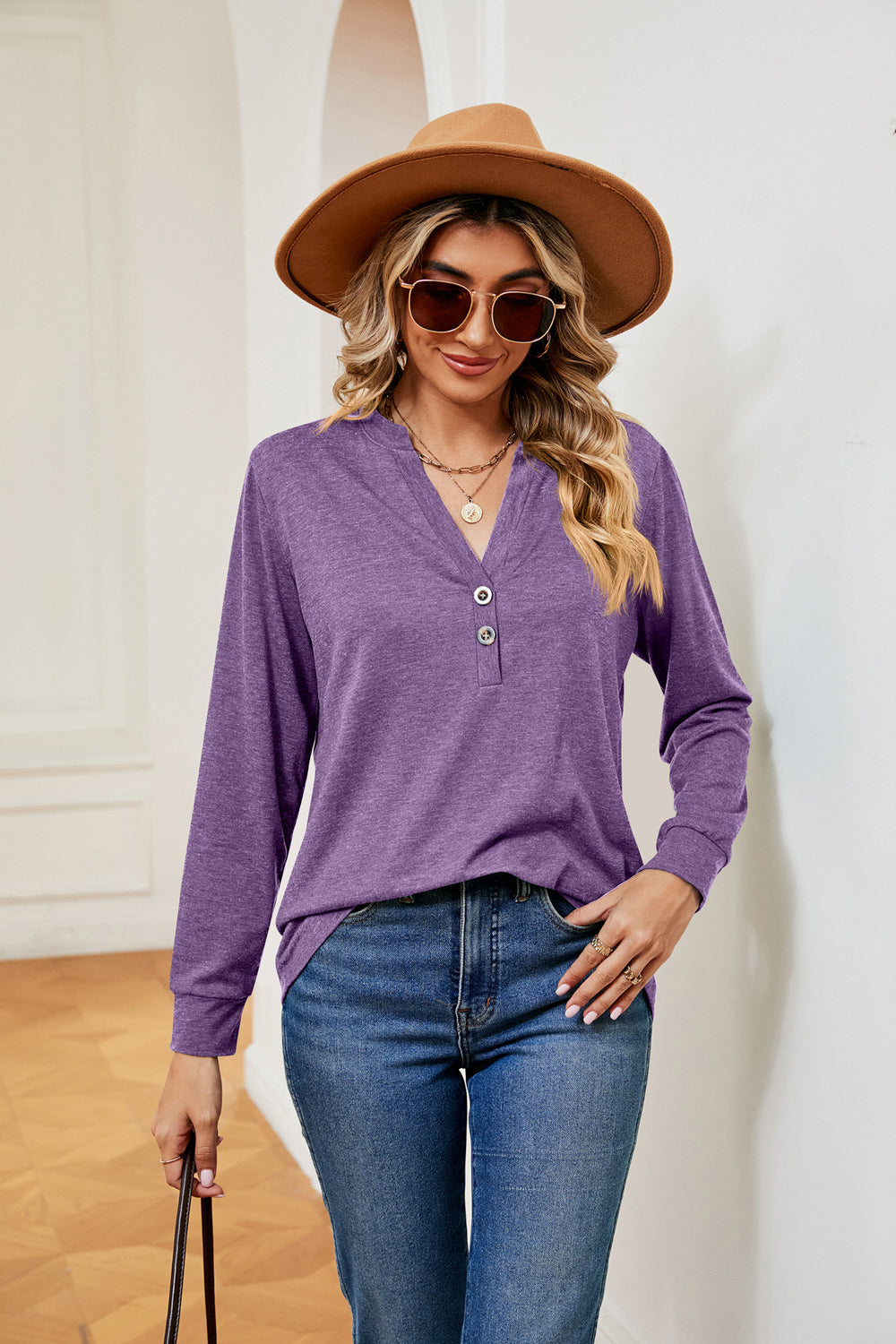 Buttoned Notched Neck Long Sleeve Top - Classique Collection