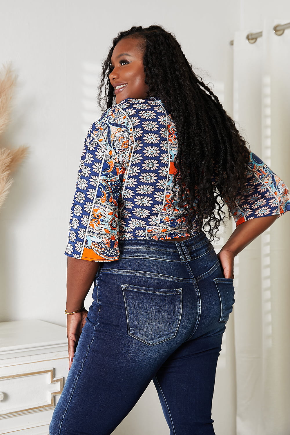 Tie Hem V-Neck Three-Quarter Sleeve Blouse - Classique Collection