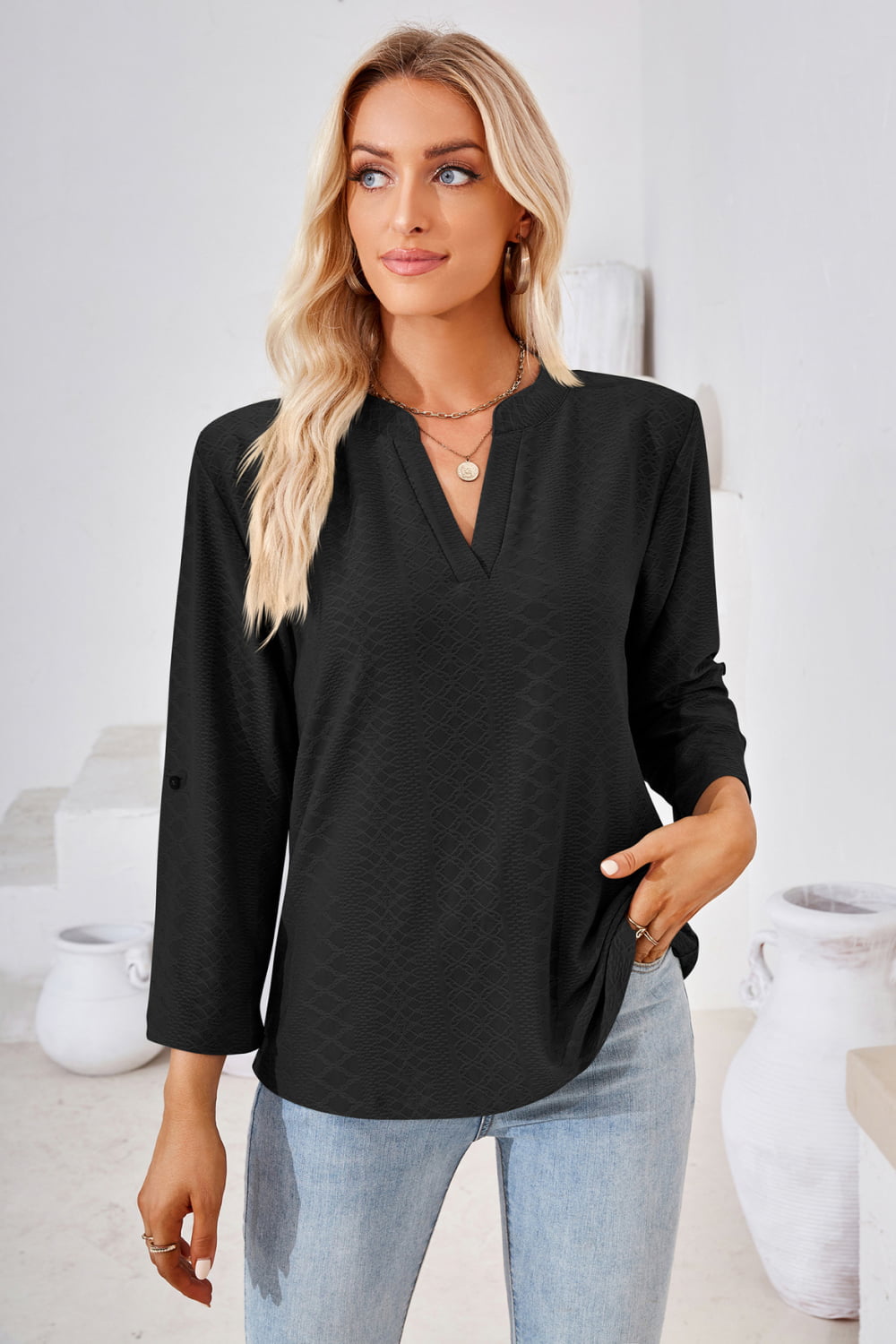 V-Neck Roll-Tap Sleeve Blouse - Classique Collection