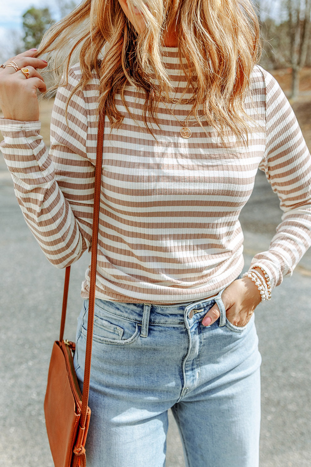 Striped Mock Neck Long Sleeve Top - Classique Collection