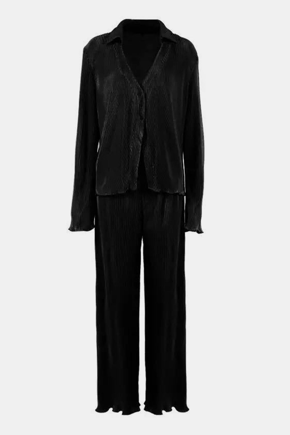 Textured Button Up Collared Neck Top and Pants Set - ClassiQ