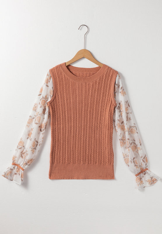 Cable Knit Round Neck Flounce Sleeve Sweater - ClassiQ