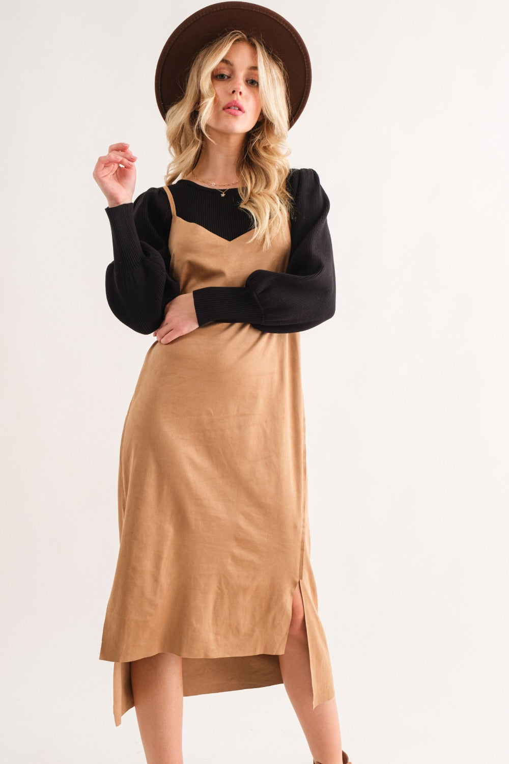 And The Why Faux Suede Cut Edge Slit Cami Midi Dress - Classique Collection