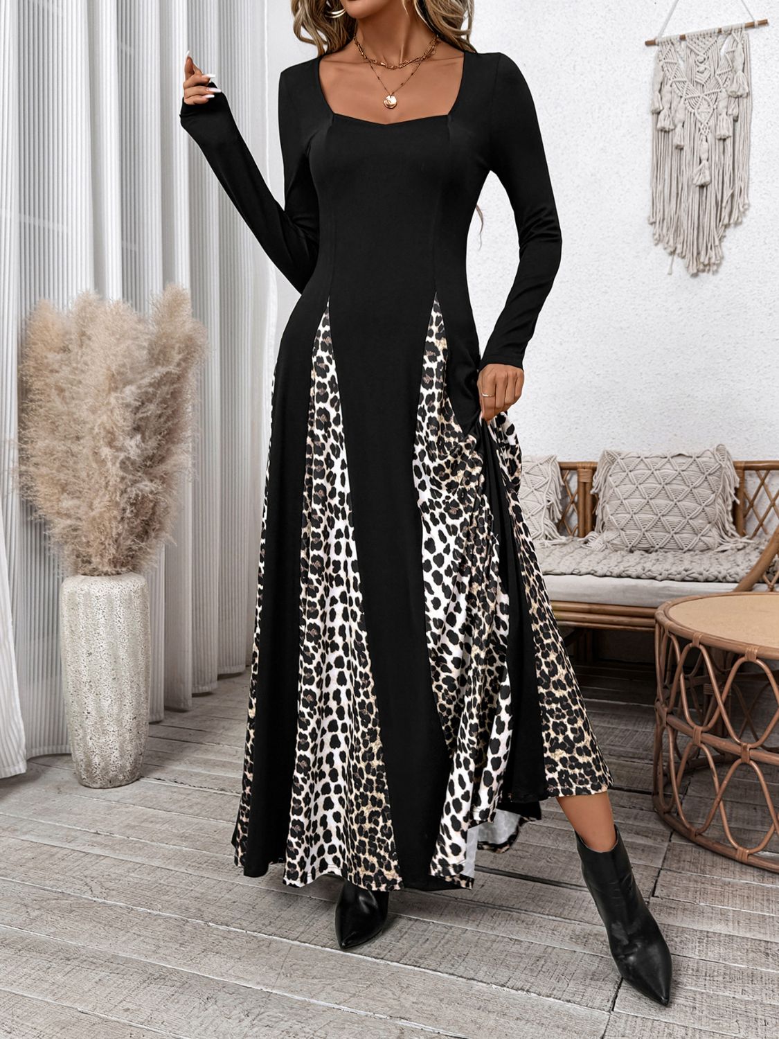 Perfee Leopard Square Neck Long Sleeve Maxi Dress - Classique Collection