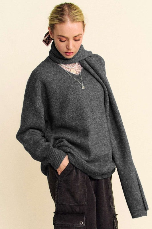 Davi & Dani V-Neck Dropped Shoulder Sweater with Scarf Set - ClassiQ