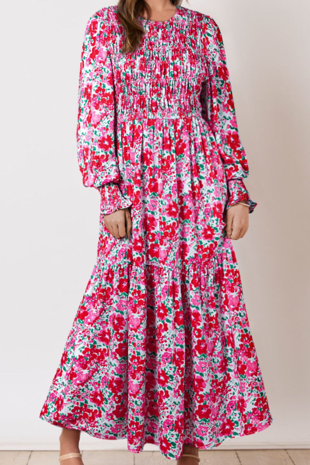 Printed Round Neck Lantern Sleeve Maxi Dress - Classique Collection