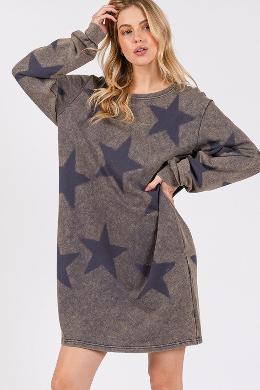 SAGE + FIG Washed Star Print Round Neck Dress - Classique Collection
