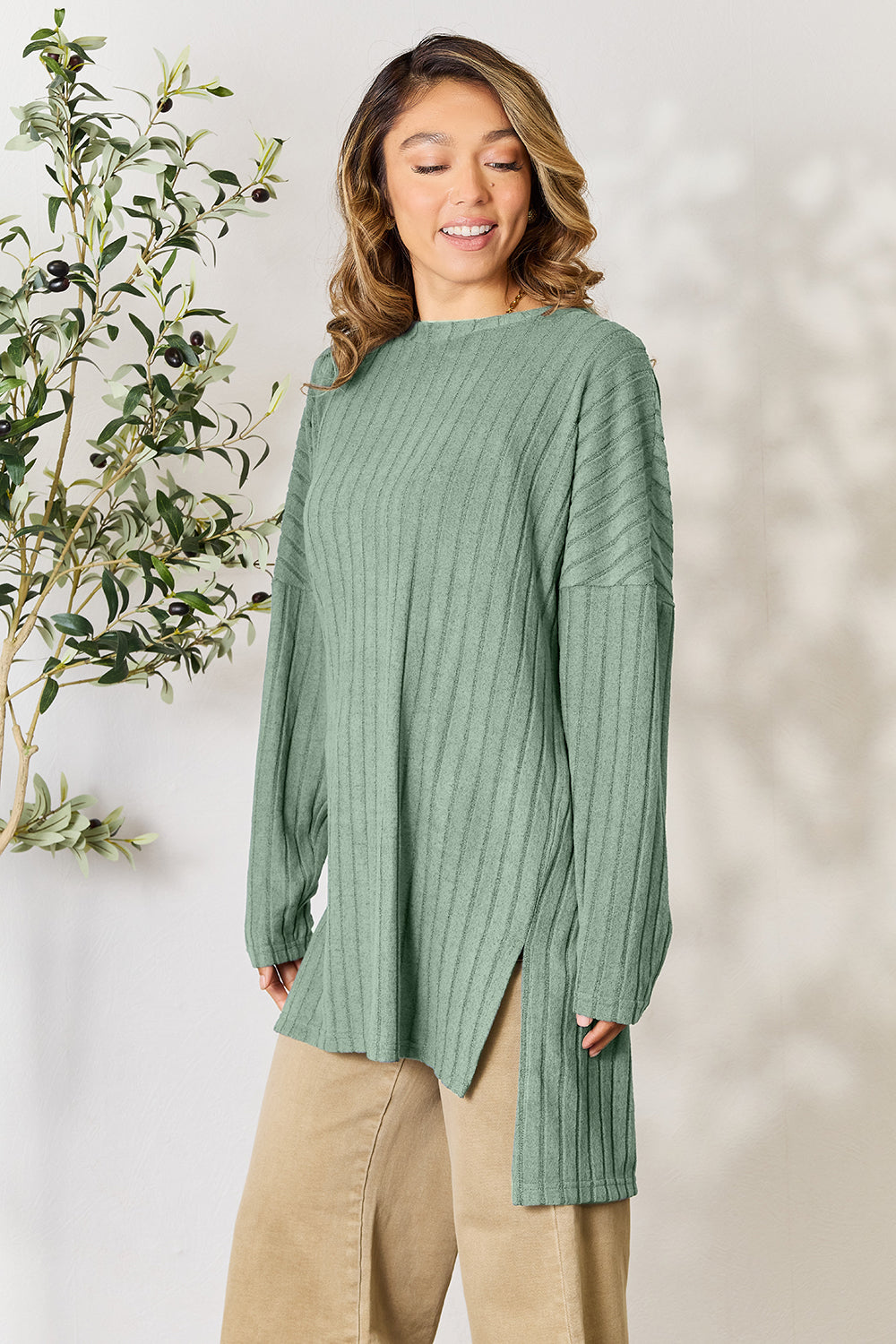 Basic Bae Full Size Ribbed Round Neck Long Sleeve Slit Top - Classique Collection