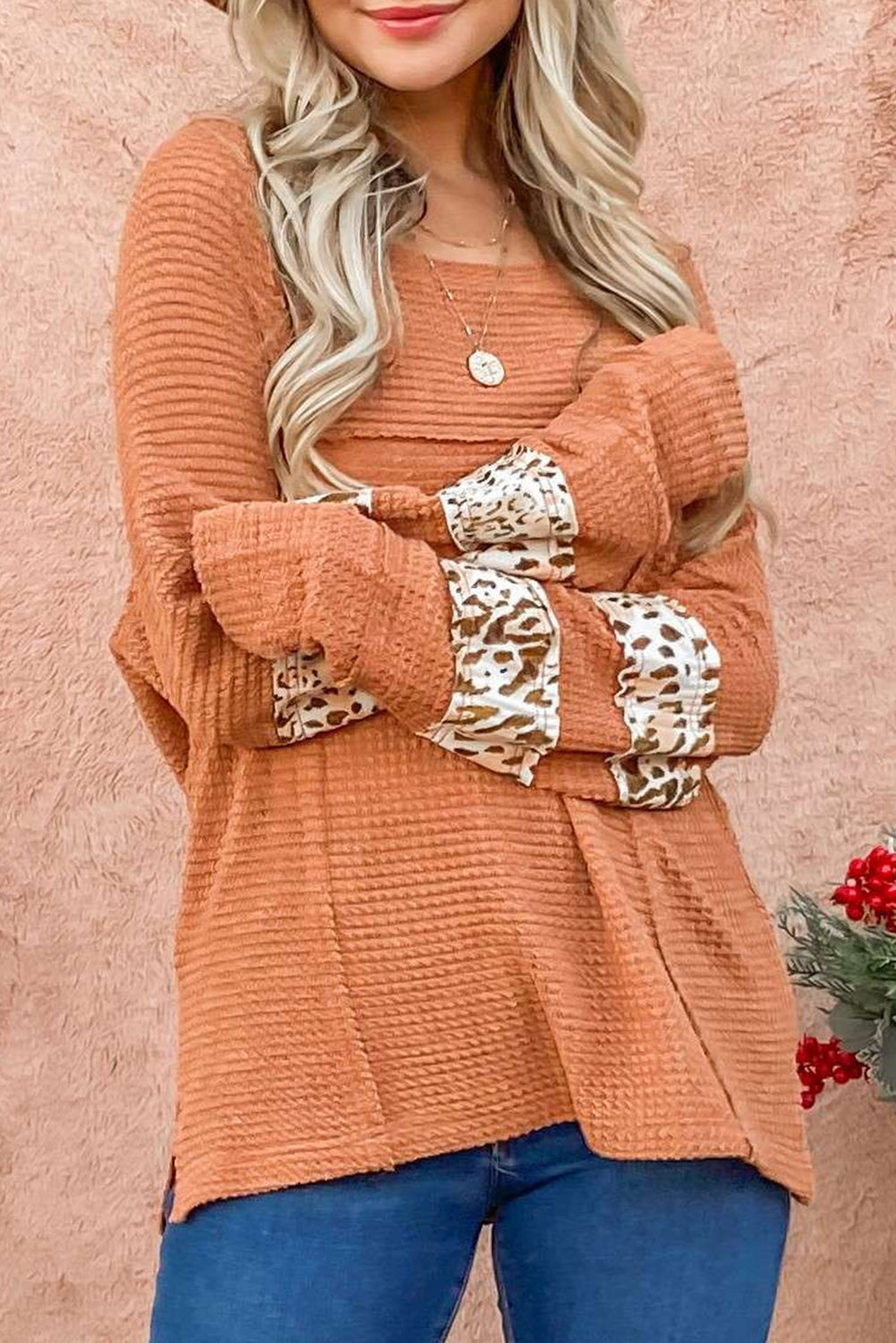 Waffle-Knit Leopard Long Sleeve Slit Blouse - Classique Collection