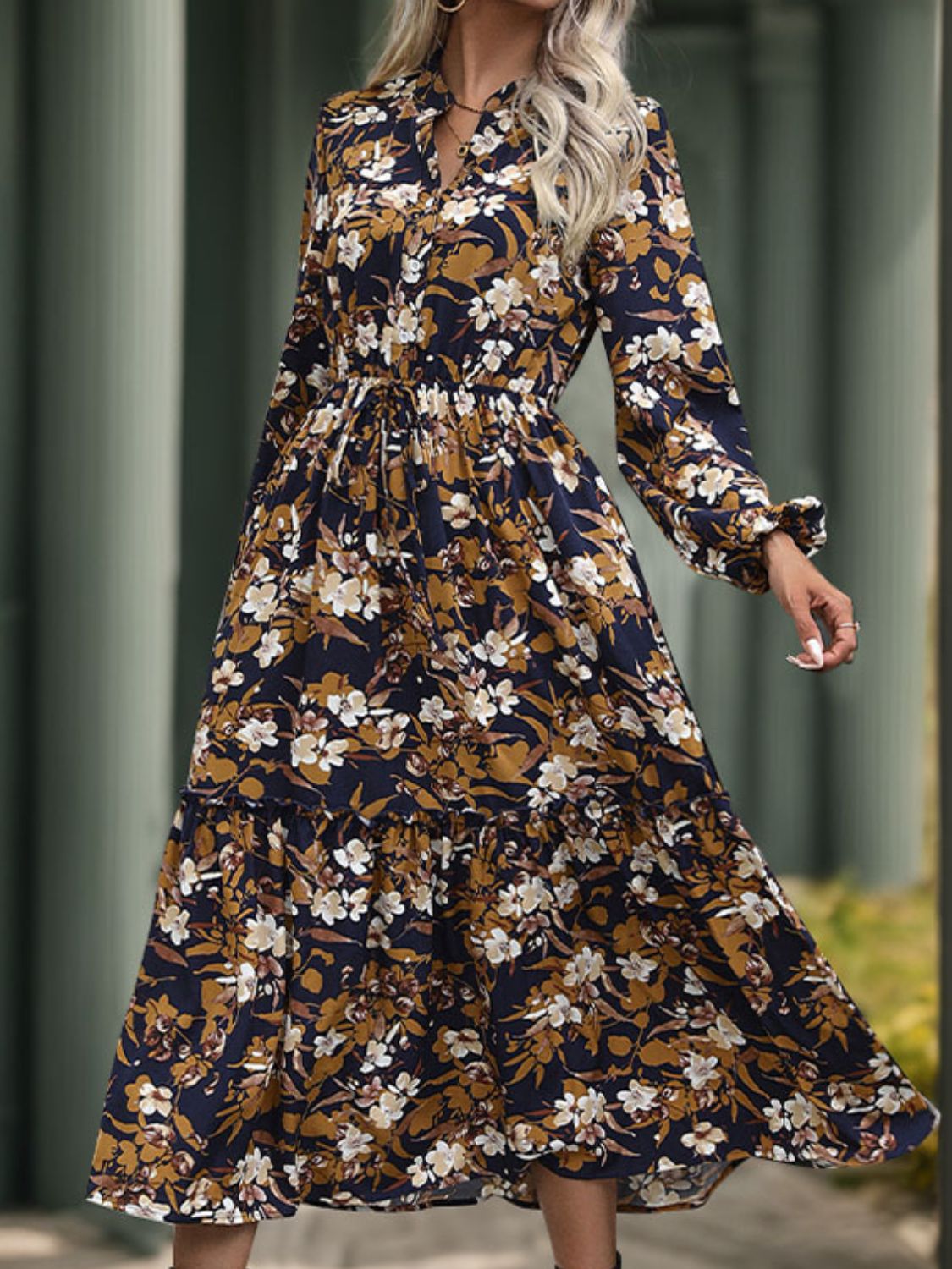 Perfee Printed Notched Long Sleeve Midi Dress - Classique Collection