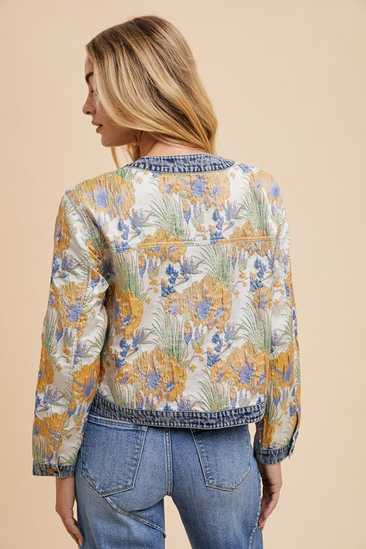 Annie Wear Floral Jacquard Denim Contrast Button Down Jacket - ClassiQ