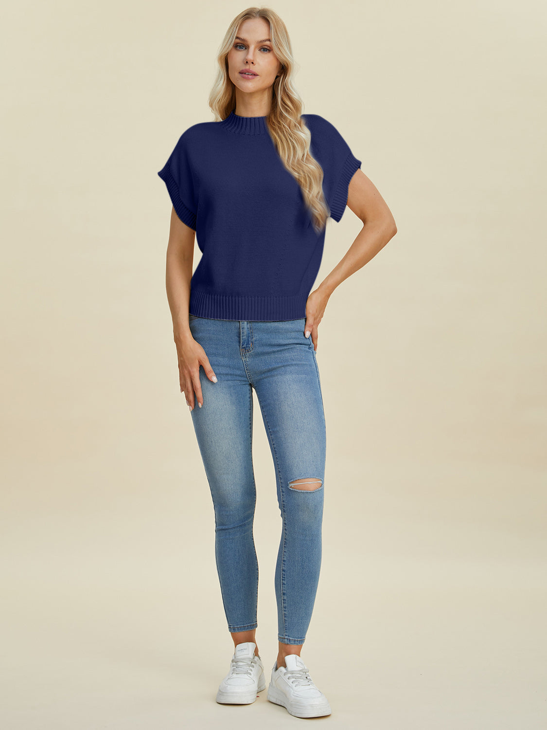 Double Take Full Size Mock Neck Short Sleeve Sweater - ClassiQ
