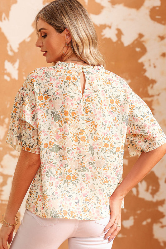 Floral Round Neck Short Sleeve Blouse - Classique Collection