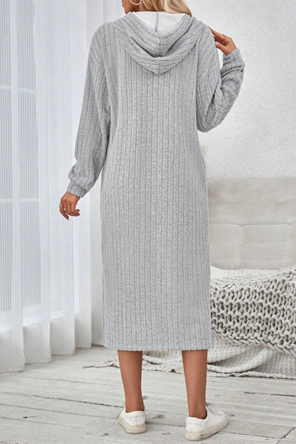 Side Slit Drawstring Long Sleeve Hooded Dress - Classique Collection