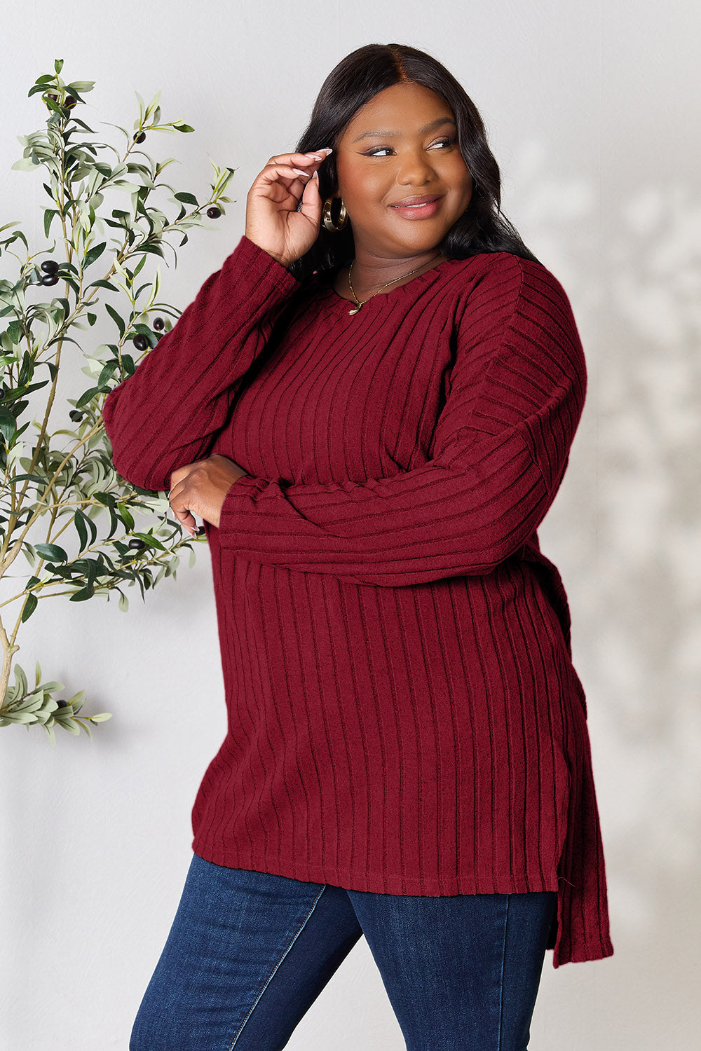 Basic Bae Full Size Ribbed Round Neck Long Sleeve Slit Top - Classique Collection
