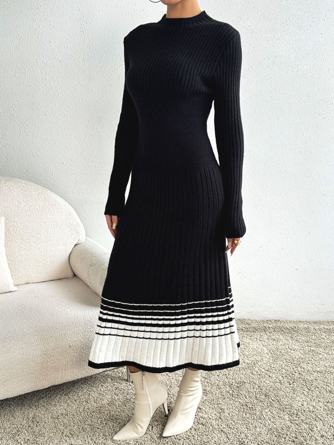 Contrast Mock Neck Long Sleeve Sweater Dress - Classique Collection