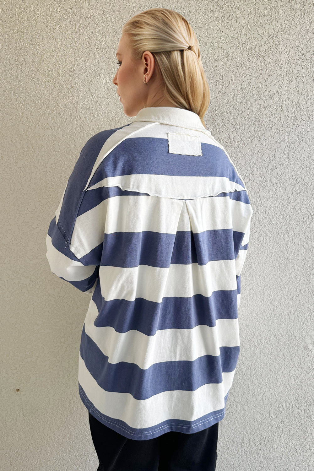 Oh Pima Cotton Wash Wide Striped Collared Neck Long Sleeve Top - Classique Collection
