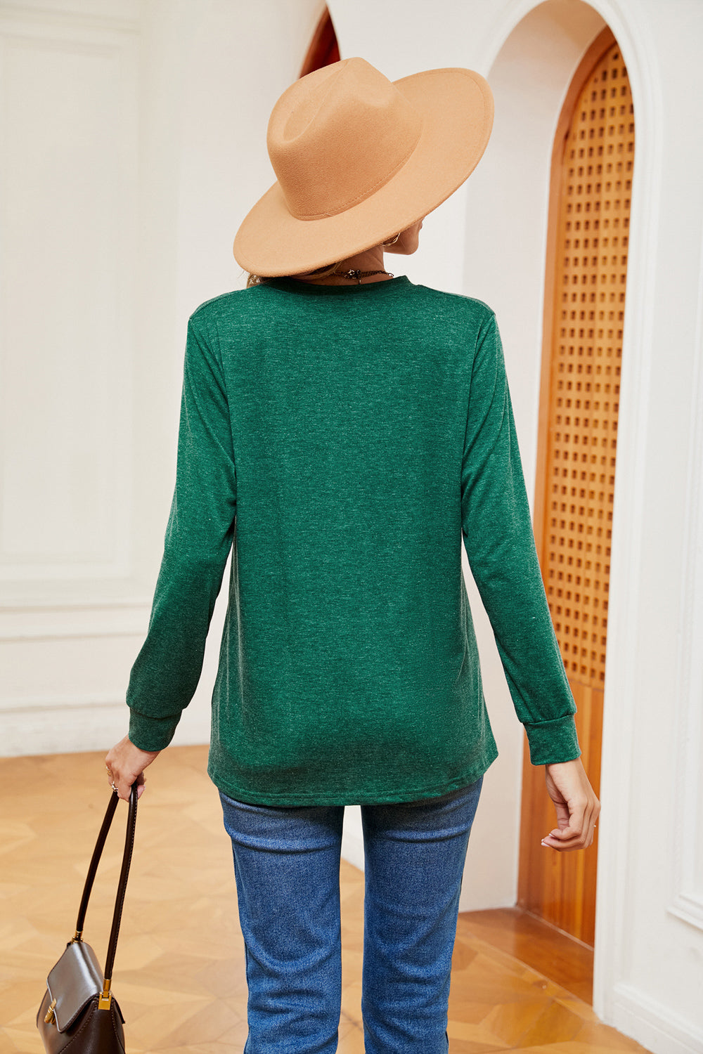 Buttoned Notched Neck Long Sleeve Top - Classique Collection