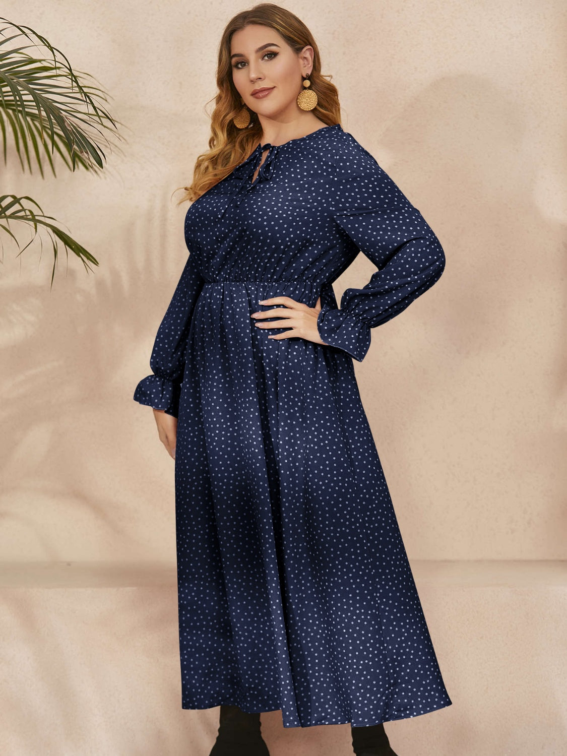 Honey Plus Size Ruffled Polka Dot Long Sleeve Midi Dress - Classique Collection